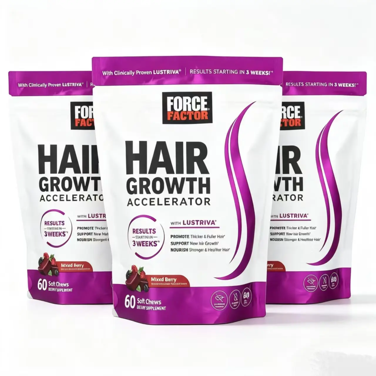 Force Factor Hair Growth Accelerator with Clinically Studied Lustriva to Promote Thicker, Stronger Hair, Biotin, Vitamin E & C, Mixed Berry, Soft Chew or Capsule
