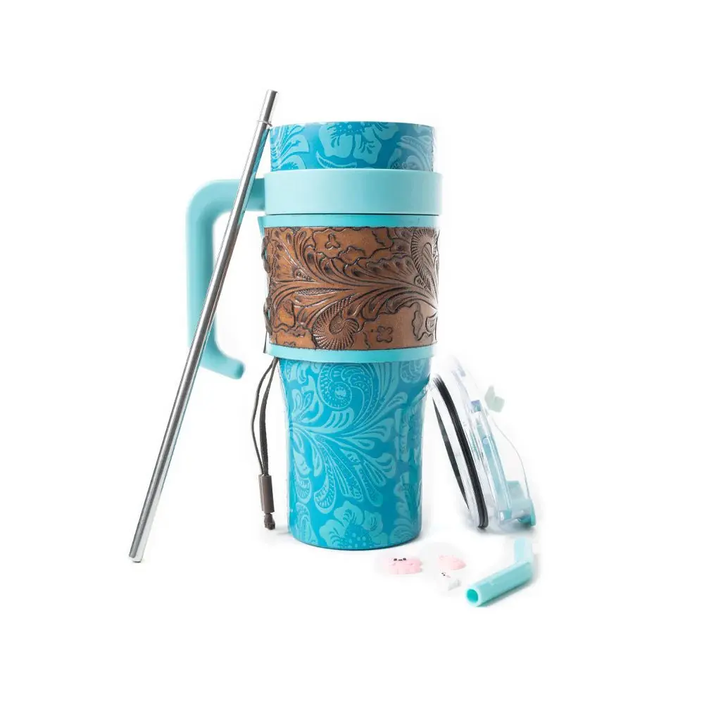 Myra Western Wide Cup Insulated Double-Wall Vacuum Flask - Tooled Wyoming Turquoise Leather, Travel-Size Portable Tumbler with Lid for Western Lifestyle Lovers, Road Trips