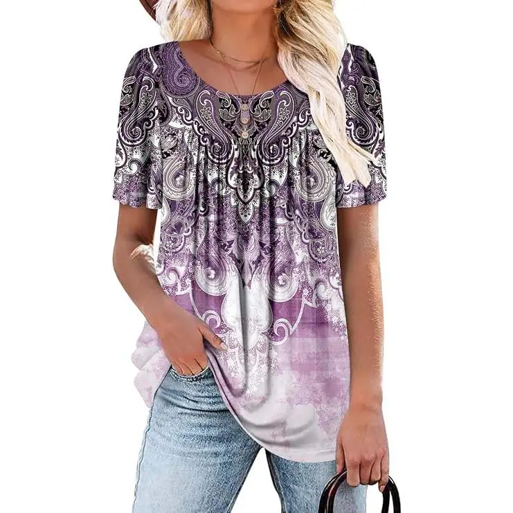 Onlypuff Women's Short Sleeve Summer Tunic Tops Flowy Flare Button Down Tunic Shirts Blouses S-3XL