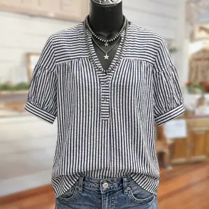 Sage Vell Women Black White Striped Short Sleeve Top Button Casual Fit Daily Matching For Women Holiday Outdoor Elegant Retro Lady Basic Shirt
