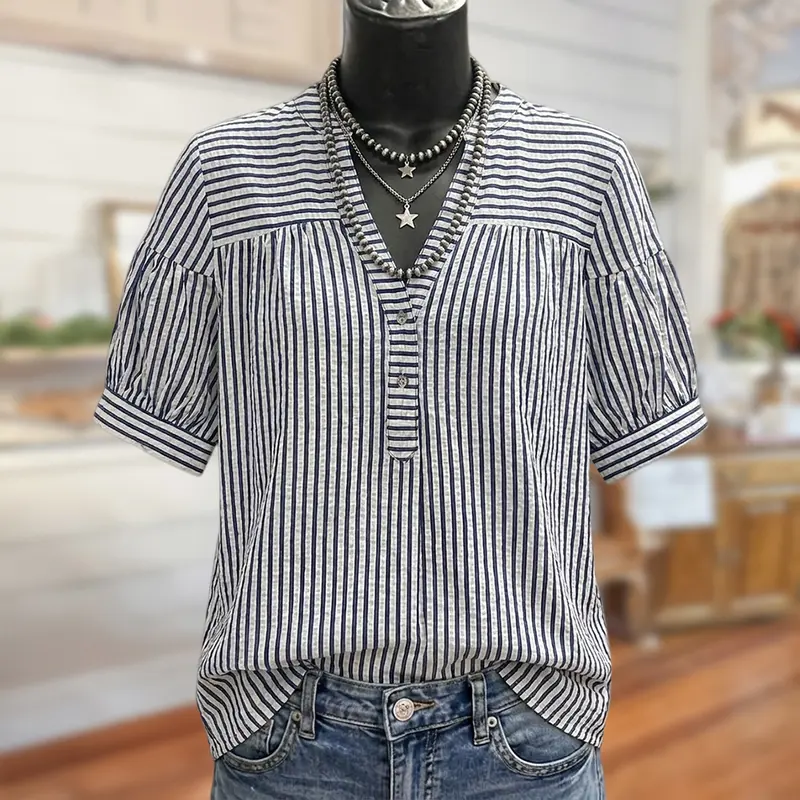 Sage Vell Women's Pinstripe Bubble Cotton Blouse - Short Sleeves Keep It Breezy, Puff Sleeves, Black Striped Design, Casual Fit, Button-Down, Elegant Retro, Holiday Outdoor Daily Wear