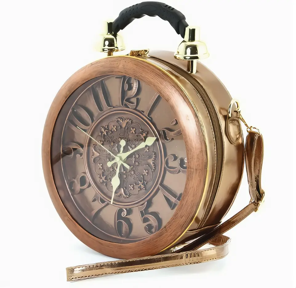 Real Working Clock - AA Battery Required, Not Included, Round Design, Gold Color, Handbag with Zipper Closure