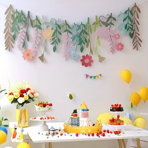 One Set Double-Sided Hanging Paper Flower Vine Garland 2.5m/98.42in  Colorful Spring Floral Banner for Birthday Party, Wedding, Garden, Easter, Nursery Wall Decor  Pastel Jungle Leaves and Blossom Streamer Backdrop Decoration Supplies