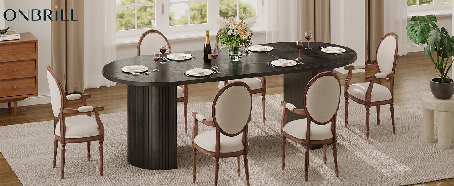 ONBRILL 70.8 Inch Dining Table for 4-6, Oval Dining Room Table with Curved Fluted Wood Strip Base, Mid-Century Modern Kitchen Tables with Footpads, Dinner Tables for Living Room, Dining Room