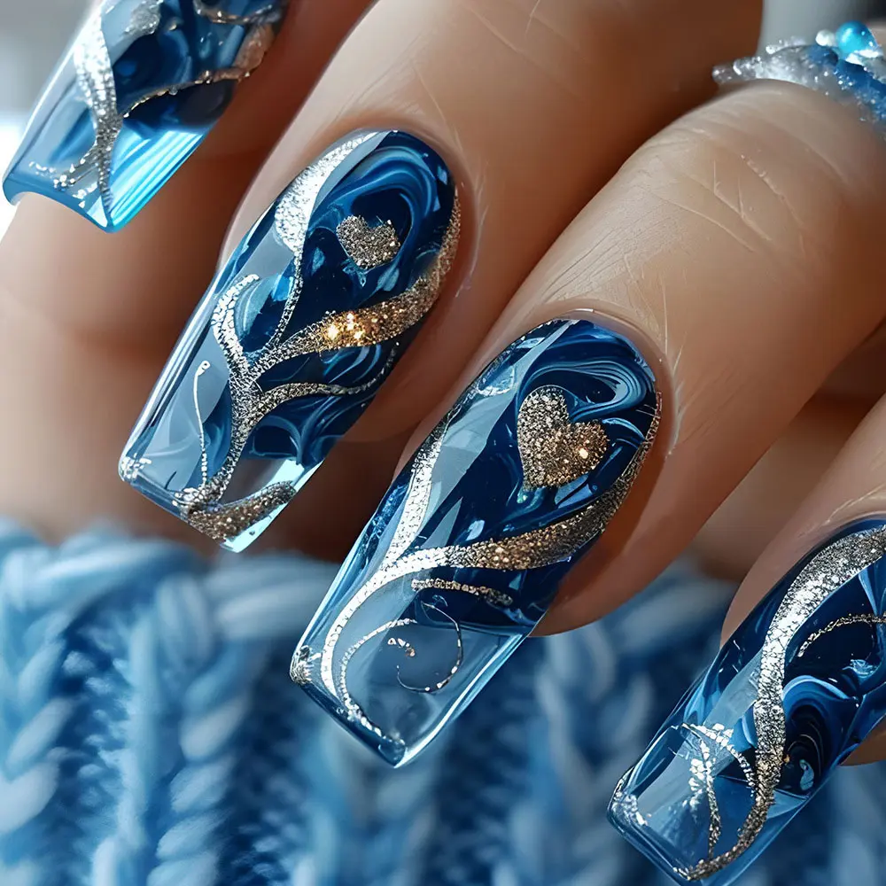 24Pcs Blue Ombre Nail Tips, Decorative Nails, Nail Art Decoration Supplies, Long Ballet Nails, Silver-Colored Heart & Gold Line Design, Reusable Salon Quality for Party & Daily Use