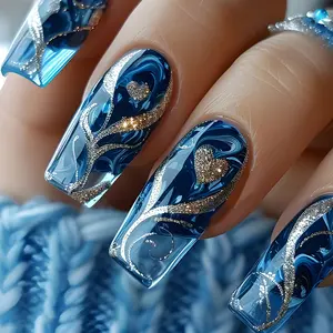 Blue Ombre Nail Tips 24 Pcs, Nail Art Accessories, Nail Decoration Supplies, Long Ballet Nails, Silver Color Heart & Gold Line Design, Reusable Salon Quality, Party Daily Use