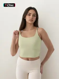 Women's Sporty Built-In Bra Tank Top, Cross Shoulder Yoga Fitness Short Crop Vest, Moisture-Wicking Slim-Fit Activewear, Sports Vest, Cropped Sports Vest