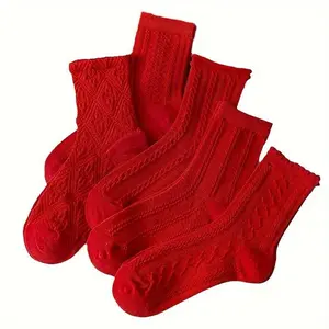 5 Pairs Women's Cozy Winter Socks - Red Embossed Patterns, Soft & Durable, Solid Color Design for Fall & Winter |   Holiday Socks |   Casual or Holiday Wear |   Cute Socks[Cozy Winter Socks]
