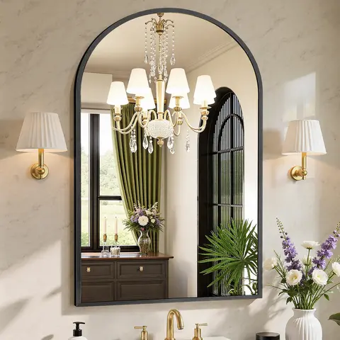 Sweetcrispy Wall-Mounted HD Shatter-Proof Metal Framed Arch Vanity Mirror - Over Sink, Modern Bathroom Decor, Aesthetic Home Supply