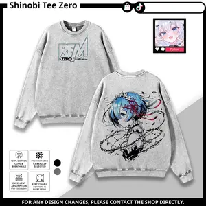 Rem Re Zero ss4 Anime Graphic Tee Hoodie Sweatshirt Tank Top Washed Gray Vintage Streetwear T-Shirt Starting Life in Another World Oversized Unisex