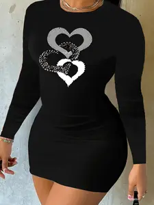 Women's Long Sleeve Sexy Fashion Sporty Tight Heart Geometric Dress, New Arrival Casual Party Wear, Outdoor Women's Clothing for Spring & Fall Seasons Womenswear, Casual Classy Dress