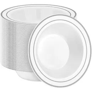 BESTSTAR 100 Pack Disposable Soup Bowls with Silver Rim 12oz Premium Heavy Duty Plastic Dinner Bowls for Party Wedding and Holiday