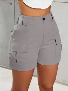 Apperloth Studio Women's Grey High Waist Cargo Shorts - Casual Utility Pocket Shorts for Summer Streetwear
