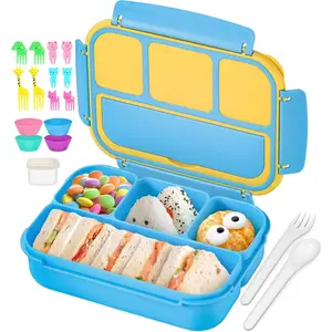 Bento Lunch Box for  Girls Boys,   Lunch Boxes for School, Lunch Containers for Adults with 4 Compartments, Sauce Container, Utensils,  Picks and Muffin Cups, Blue