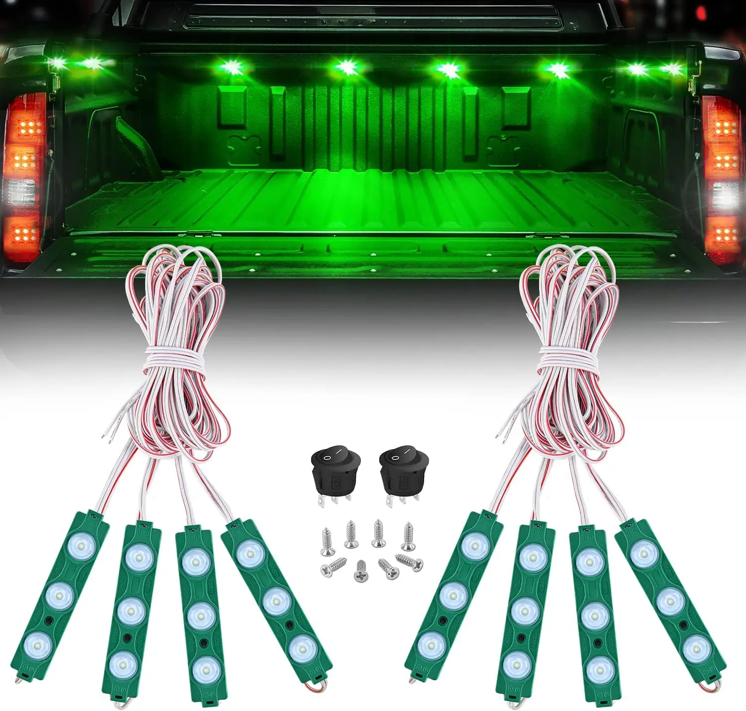 Nilight TR-117-H 8PCS 24LED Green LED Tailgate Lights for Trucks, 0.2 Inch Thick Weatherproof Cargo Rock Lights Kit with Silicon Seal, Tape, Screws, Switch, Off-Road Illumination Accessories for Boats, 0.2In Thin Pods
