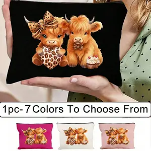 Highland Cow Theme Small Wallet with Bow and Heart Design, Versatile Zipper Pouch Coin Purse for Coins, Makeup, and Travel Storage