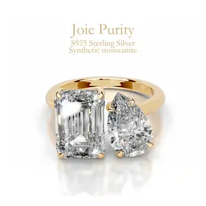 5CT Emerald Cut & 4CT Pear Cut Moissanite Women's Fashion Open Ring, S925 Silver, Hypoallergenic & Tarnish-Free Luxury Jewelry with Premium Gift Box, Perfect Gift for Her