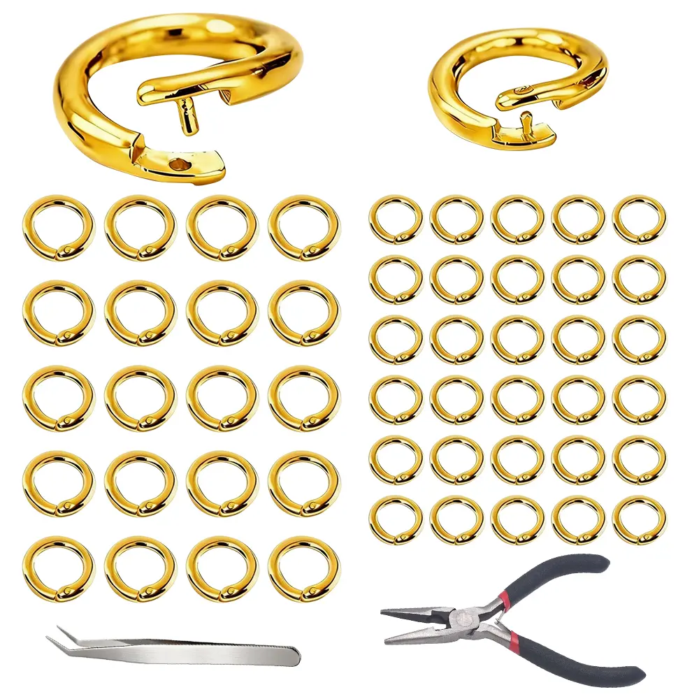 52Pcs Locking Anti-Loss Jump Rings Jewelry Making Set, 5mm & 7mm Heavy Duty Gold Plated Jump Rings with Jewelry Pliers and Tweezers, DIY Handmade Craft Accessories