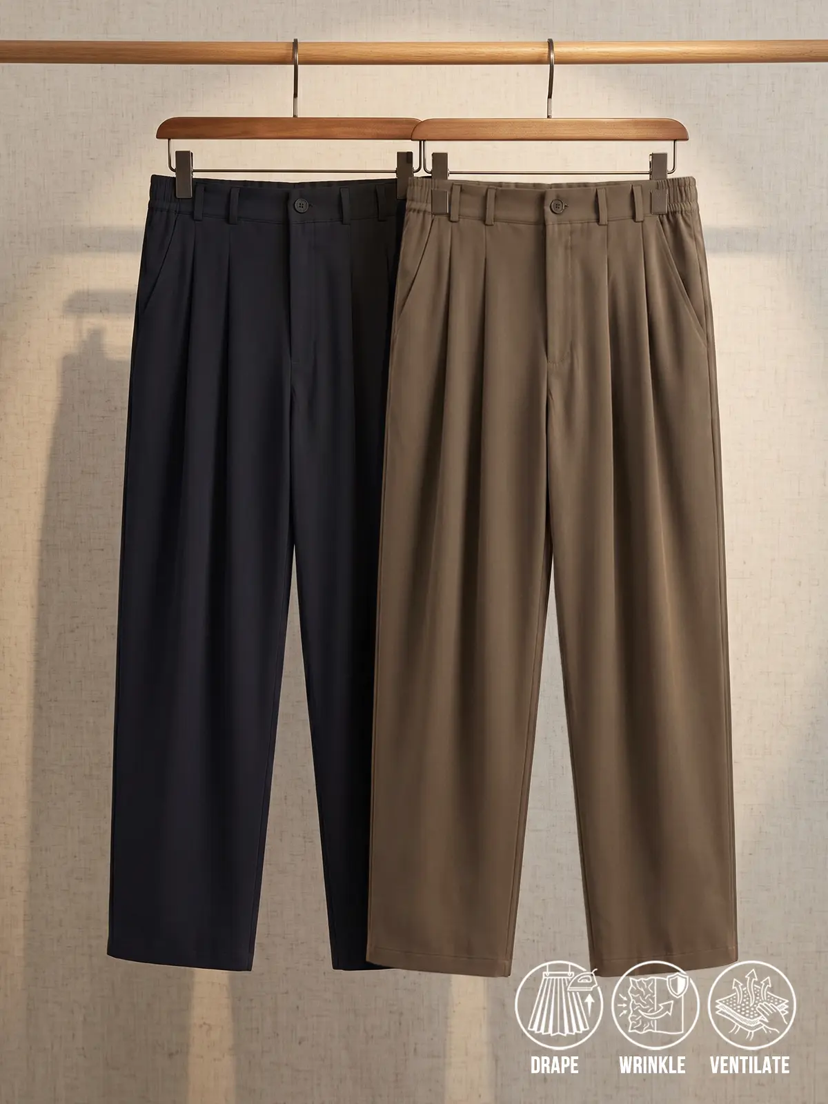 2-PACK Men's Double Pleated Straight Suit Pants, Non-Iron Wrinkle Resist High Drape Trousers, Half Elastic Back Waist, Old Money Style Quiet Luxury Clean Fit Business Casual Long Pants For Office Commute Value Pack
