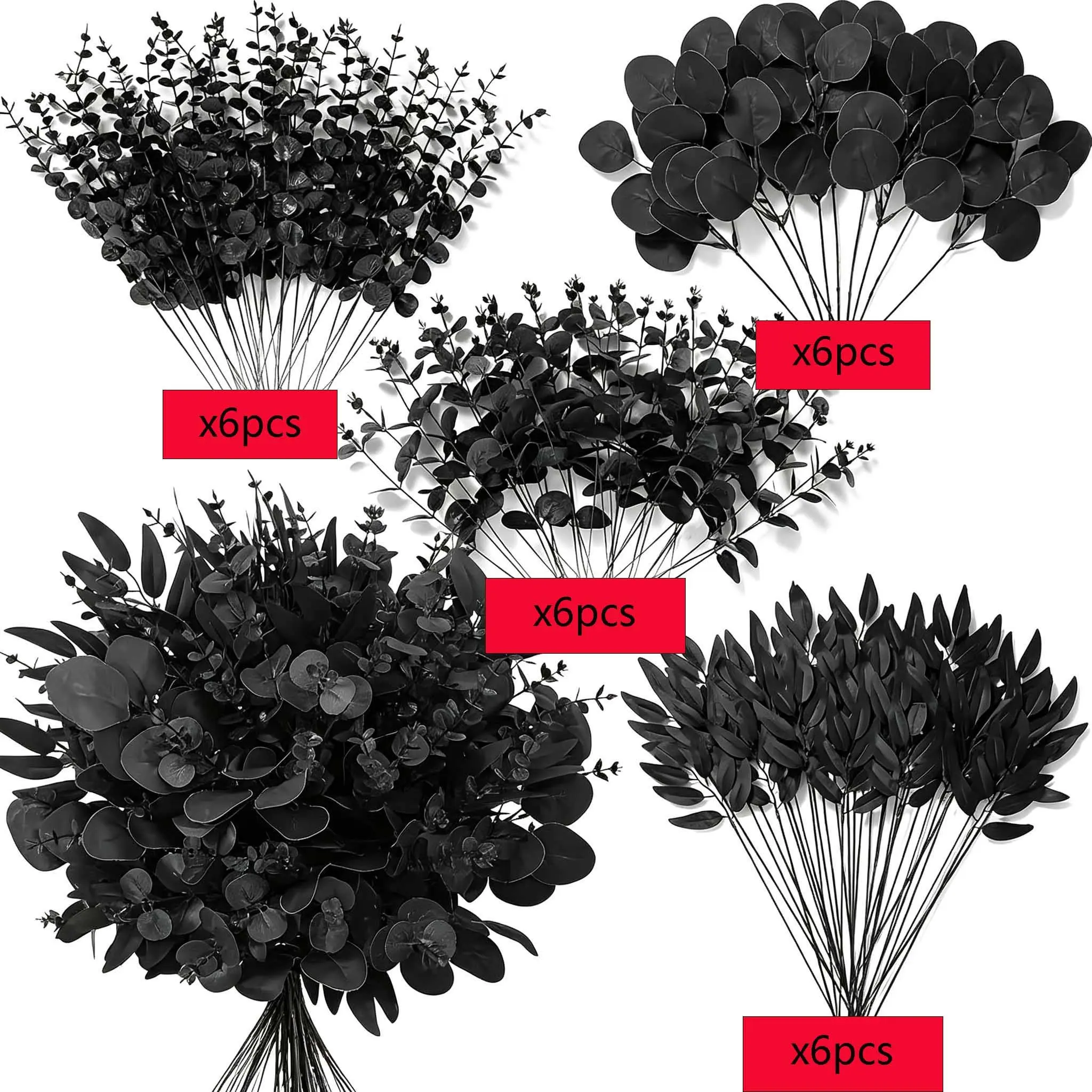 24 Halloween Artificial Eucalyptus Stems, Mixed Styles, Black Artificial Plant Decor, Floral Arrangements, Ideal for Halloween, Wedding Parties, Home Decor, Indoor & Outdoor Hanging Planters