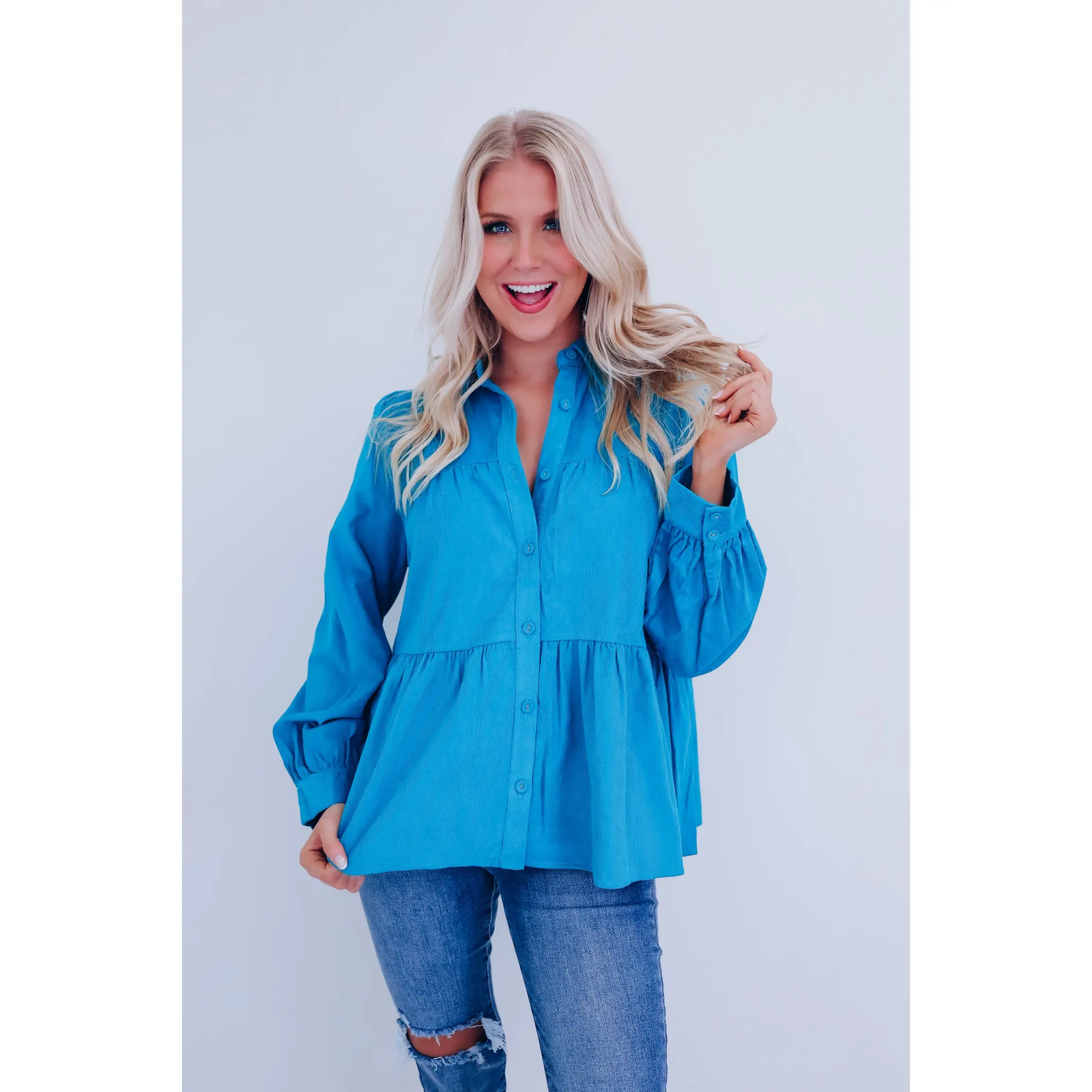 Kendra Micro Corduroy Baby Doll Top - Teal
