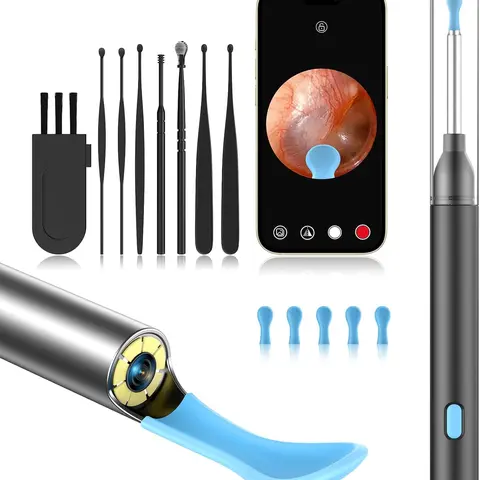 Earwax Cleaning Kit, Compact Tool Earwax Remover with 1080P HD Camera, 6 LED Lights, 8 Attachments, 5 Spoons, iOS & Android Compatible (Black)
