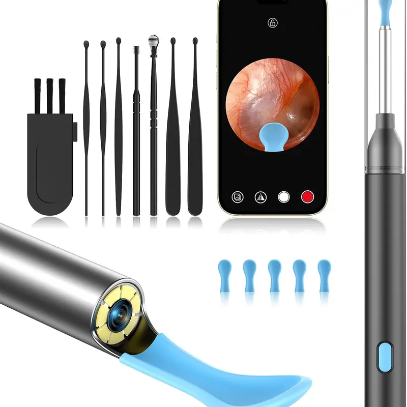 Earwax Cleaning Kit, Compact Tool Earwax Remover with 1080P HD Camera, 6 LED Lights, 8 Attachments, 5 Spoons, iOS & Android Compatible (Black)