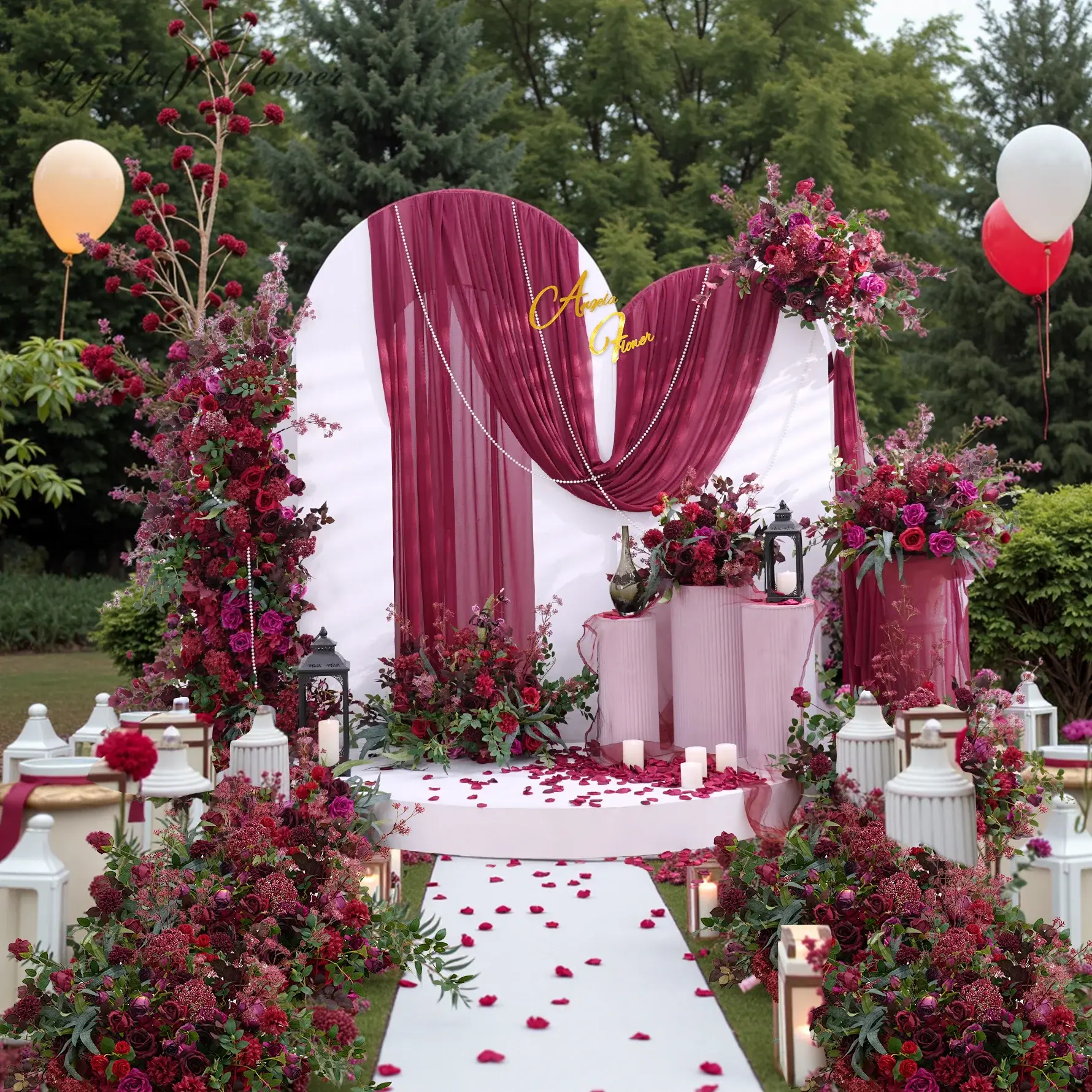 A8898 Artificial Burgundy Rose & Greenery Wedding Aisle Floral Decor, Home Supplies Event Party Props