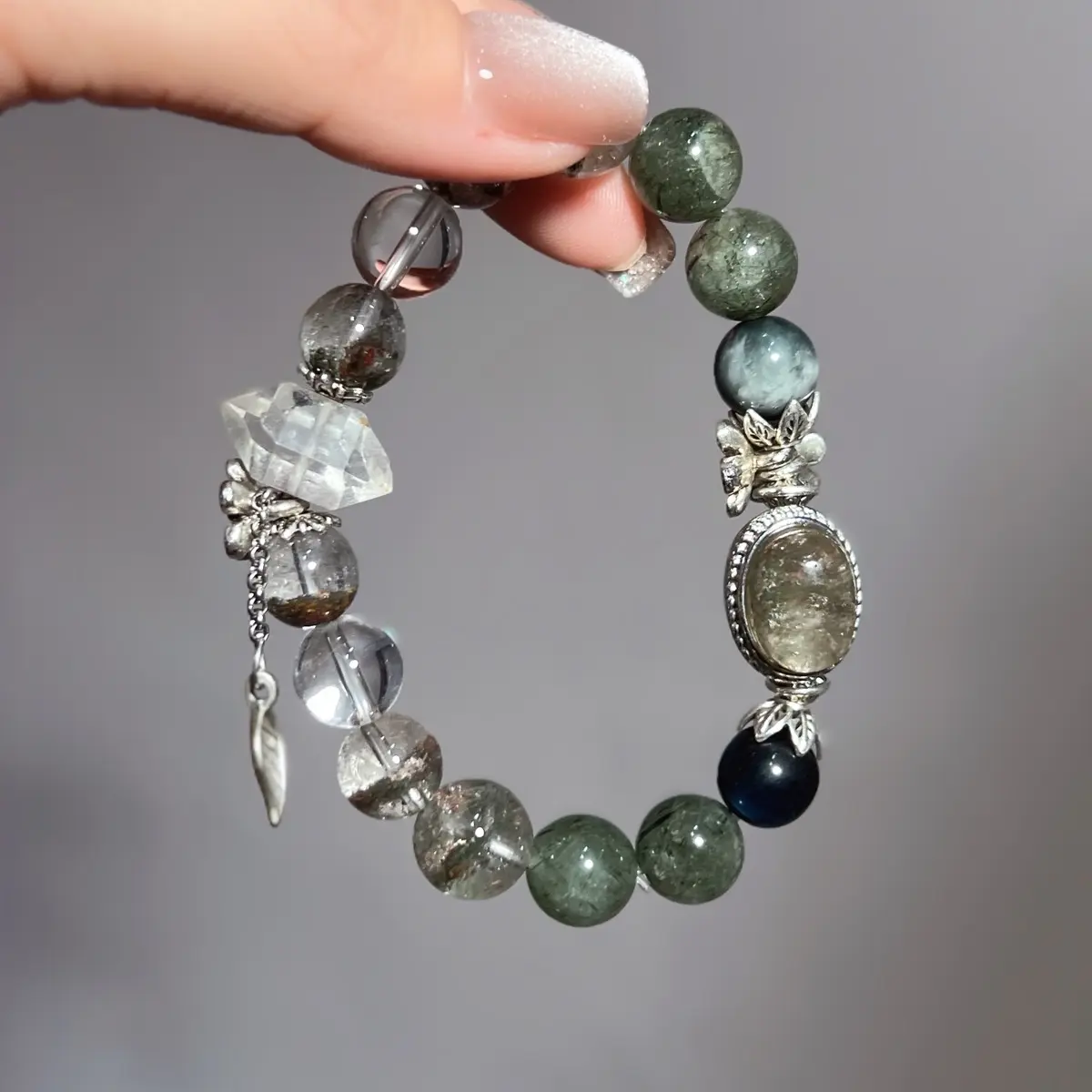 Green Phantom Green Rutilated Quartz & Herkimer Diamond Prosperity Bracelet Natural Stone Stretch Healing Crystal Yoga Chakra Gift Jade Jewelry for Adults