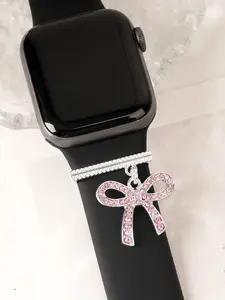 Silver Color Rhinestone Bow Pendant for Apple Watch Band Decoration, Perfect Gift for Boys and Girls, All Seasons, Smart Watch Accessories, Metal