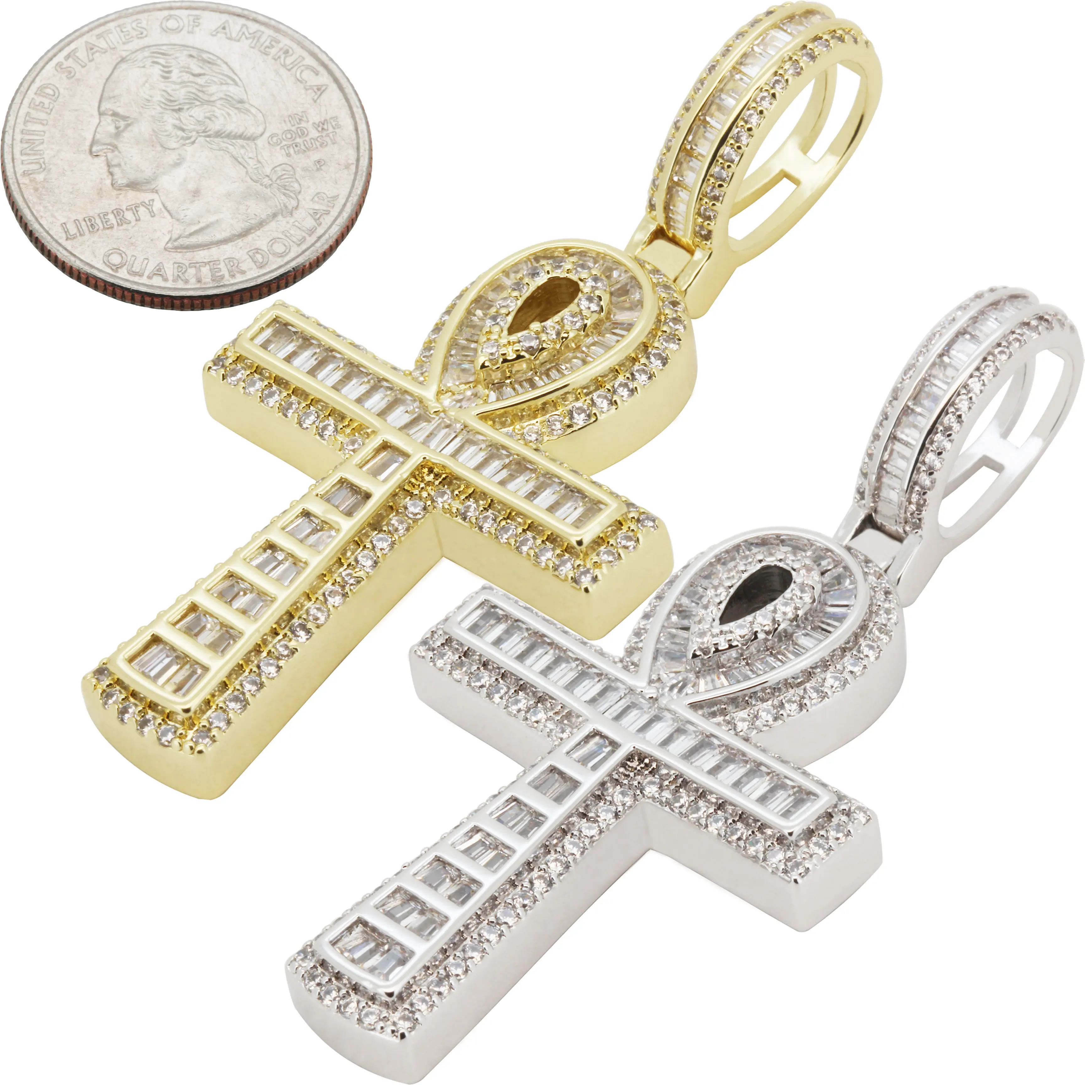 14k Yellow/White Gold Plated AAA Cubic Zirconia Ankh Cross Pendant