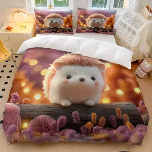 3pcs Hedgehog pink purple backgroundbedding set (1*Duvet Cover + 2*Pillowcases, Without Core)+Soft comfortable and breathable Suitable for bedroom guest room hotel dormitory rooms Decorative Bedding Set