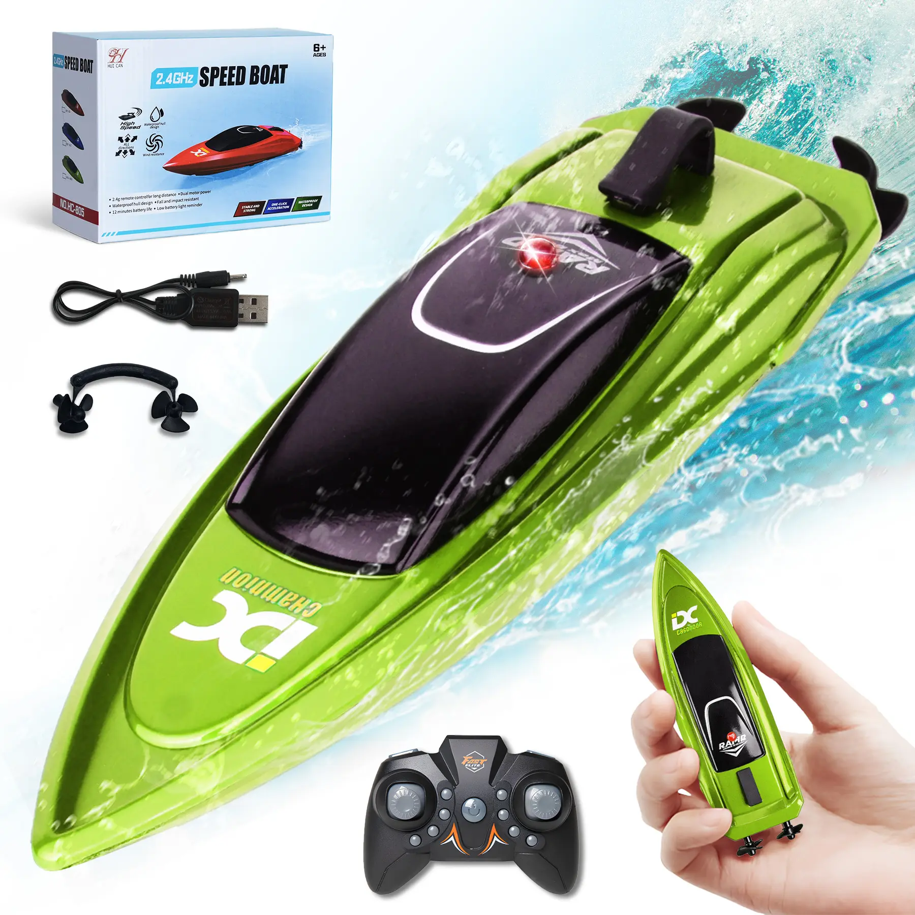 【FREESHIP-NEW】HOSIM Compact Mini RC Racing Boat, 2.4G High-Speed 4CH Remote Control Toy with LED Light, 2W Green Waterproof ABS Plastic, 15-minute Runtime, Type-C Cable, Easy Operation & Compact Design, Ideal Gift for 8+ Kids (Birthdays, Parties), 15 Minu