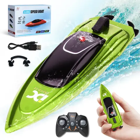 HOSIM Rechargeable 2.4G High-Speed 4CH RC Racing Boat Toy - 3.7V 90mAh Battery, Type-C Quick Charge, Waterproof Green ABS Plastic, LED Lights, Compact, Bathtub-Ready, Race 2 Boats Support, for Ages 8+ Kids