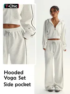 Women's Sporty Casual Hooded Drawstring Set, Fashionable Sports Sweatshirt Set, Tennis Running Long Sleeve Workout, Tracksuit Set, Yoga Clothes Set, Sweatsuit Set