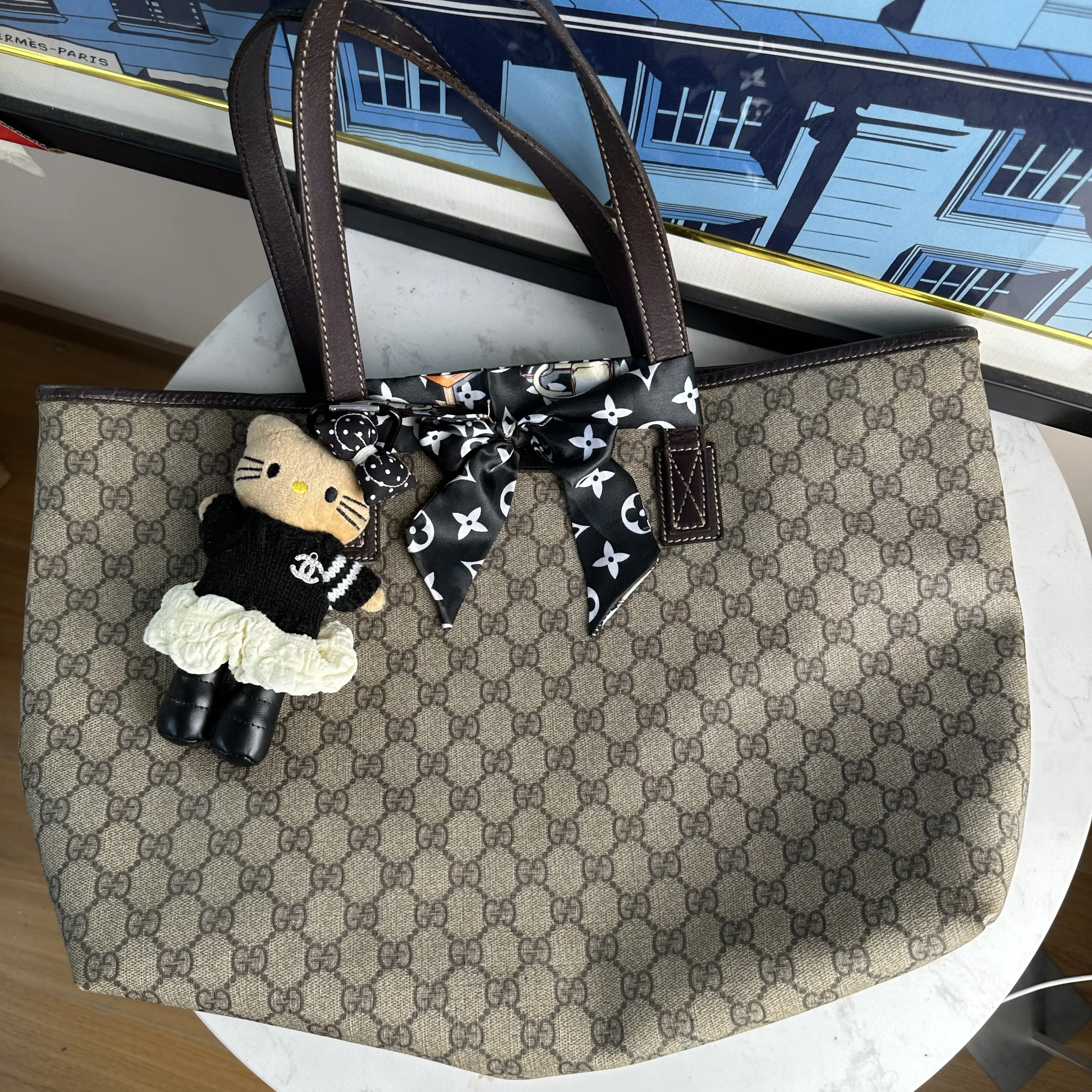 Pre-owned GUCCI GUCCI｜GG large print canvas and cowhide leather shopping tote bag with wide shoulder straps, horizontal design, large capacity.jpg