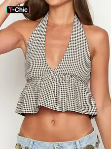 Women's Plaid Print Tie Shoulder Crop Cami Top, Casual Fashion Spaghetti Strap Top for Summer, Women's Clothing for Daily Wear