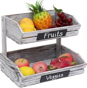 Fruit Basket Hanging Storage Baskets Kitchen Storage Basket,2 Tier Farmhouse Standing Wooden Organizer,Classic Pastoral Food Basket for Kitchen,Office,Dining Room and Guest Room (Need Assemble)