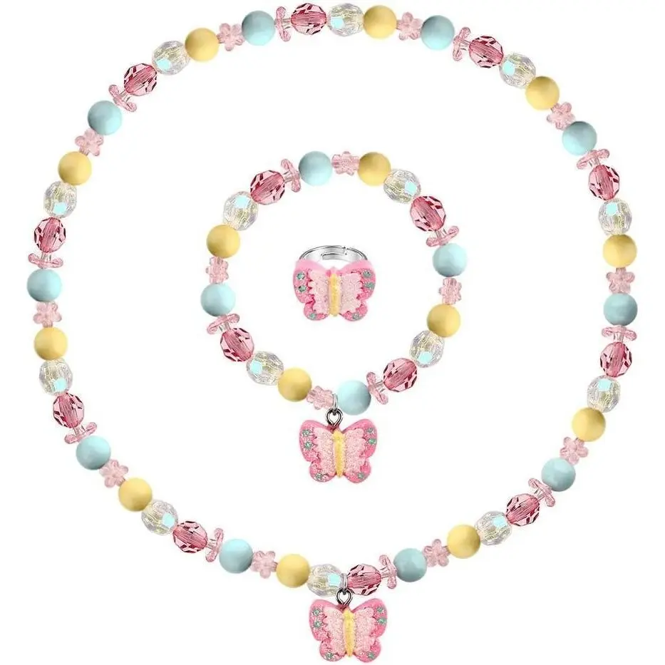 BY-JLY020 Butterfly Stretch Necklace Little Girl Toddler Necklace Bracelet Set, Little Princess Jewelry boys and girls  Play Necklaces Butterfly Rings for boys and girls