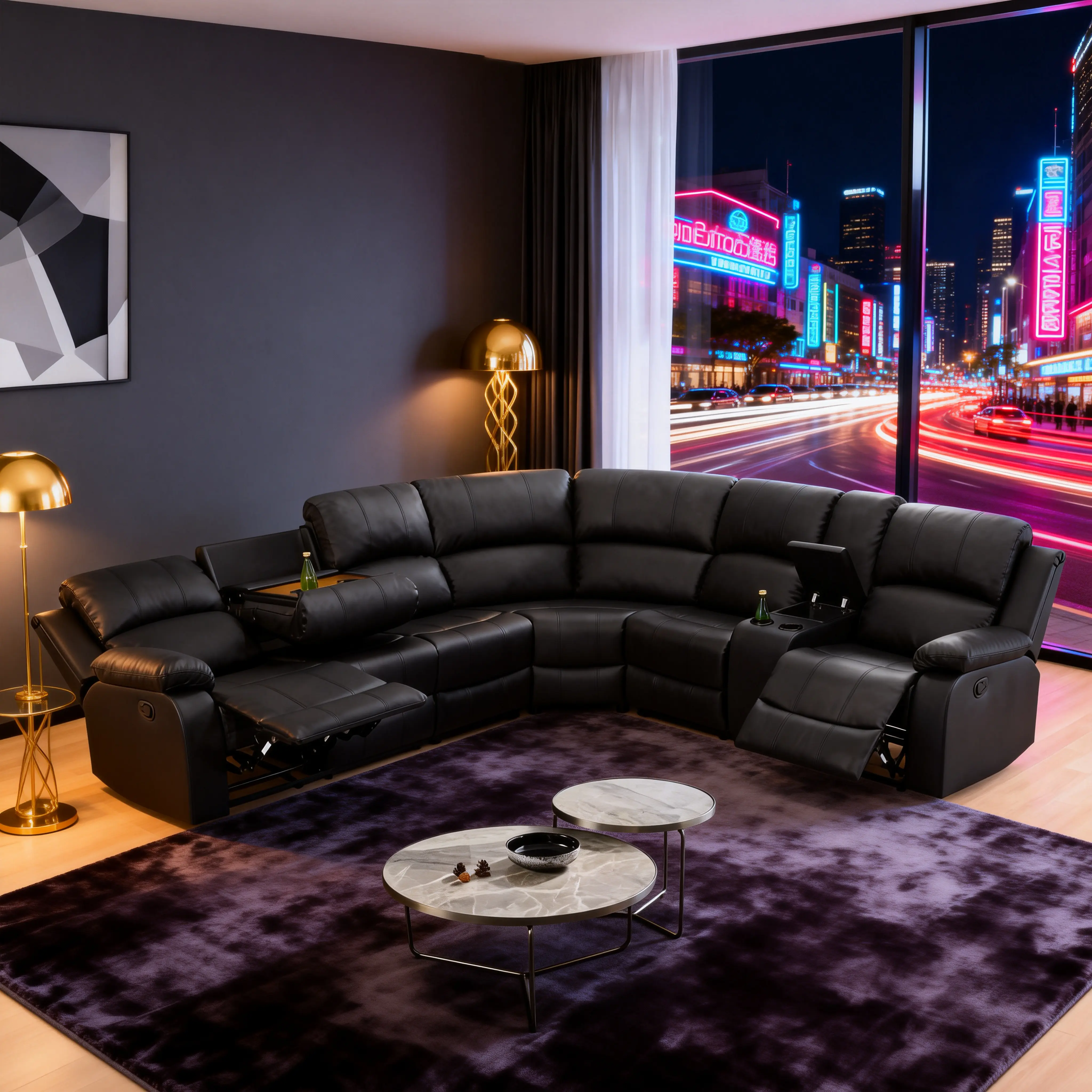3-Piece Recliner Functional Sofa Set - Black Durable Semi-PU Leather Indoor Living Room Wood Furniture, Full-Sized Human-Made Comfy Couch, with Storage Organizer, Large Mirror, 3 Color Lights, Stylish Design, Assembly Required