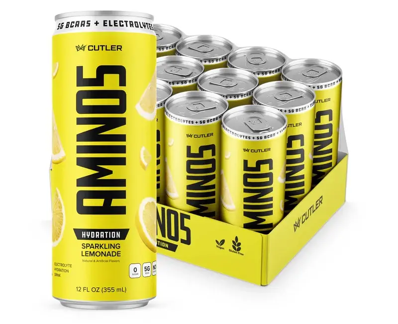 Cutler Aminos Hydration Sparkling Lemonade Sport Energy Drink - 5g BCAA, Electrolytes, 0 Sugar, 12-Pack Sports Beverage (144 fl oz Total), Zero Sugar