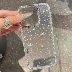 Transparent glitter star with diamonds is suitable for iPhone 17/16 pro max, high-grade electroplated glitter star phone case, soft edge and hard back. TPU + PU material,Anti-drop Cellphone Protective Case, Total Protective Shockproof  Cover for iPhone