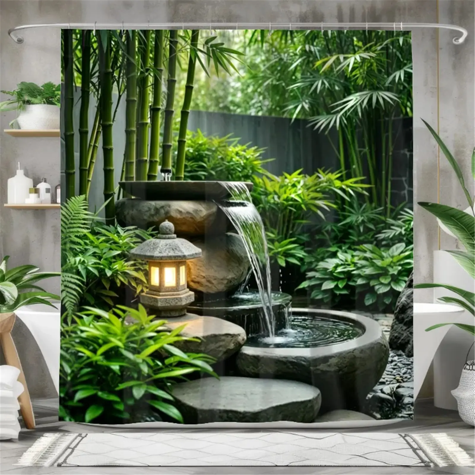 Japanese-style Zen courtyard shower curtain set, waterproof shower curtain with 12 hooks, non-slip bathroom carpet, toilet U-shaped cushion, toilet seat cover cushion, bathroom decoration,bathroom shower curtain set,perfect mobile gift.currently