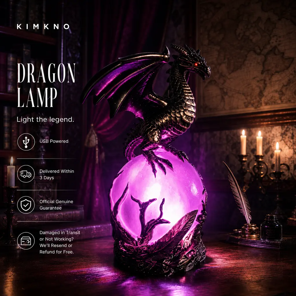 Gothic Dragon LED Crystal Ball Night Light, USB Powered Detailed Resin Dragon Figurine Lamp with Pink Glow, Cool Alt Aesthetic Dorm Room Decor for College Student Desk Bookshelf, Witchy Fantasy Ambient Light for Study Game Night Vibe