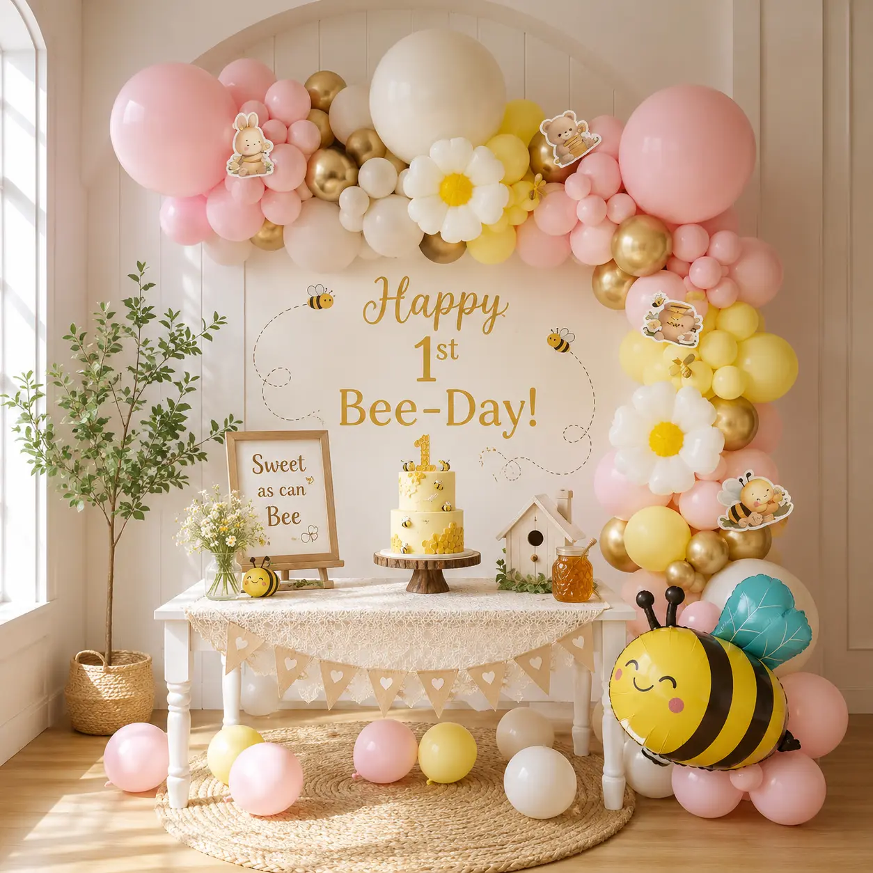 169pc Pastel Bee Balloon Arch Kit, Pink Yellow White Gold Garland with Daisy Balloons for Baby Shower, First Birthday Party Decor