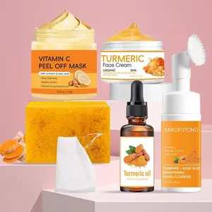 Turmeric Skin Care Kit with Glow, Brightening Kit, 5 Counts/set Turmeric Soap & Face Cream & Mousse Cleanser & Oil & Vitamin C Peel Off Mask with Kojic Acid, Deep Cleansing & Nourishing Skin Care Kit for Women & Men, Moisturizing Turmeric Kit