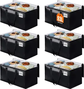 Foldable moving bags—heavyweight boxes with zippers and handles, space-saving moving supplies storage boxes (93L, 6-pack, black).