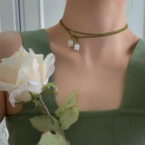 Coquette Style Lily of the Valley Choker - Dainty Beaded Necklace for Women, Trendy Green Seed Bead with White Bell Flower Pendant, Cottagecore Style, Adjustable 74.5 cm, Lightweight 5.8 g, Versatile Y-shaped Design tiktokshopspringglowup,summervibes