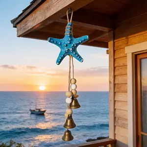 Coastal Resin Starfish Wind Chime with Bells, Nautical Beach Decor, Blue Starfish, Wooden Beads, Rustic Metal Bells, Ocean-Themed Home Decor