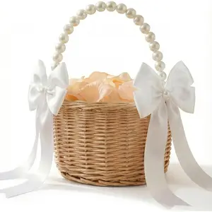 Flower Girl Woven Rattan Basket with Pearl Handle and Ribbon Bow, 100 Pcs Petals for Wedding Decoration, Home, Outdoor Picnic, Party and Garden Decor (1 Pcs)